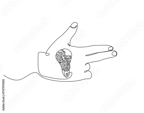 Continuous one line drawing of hand gun pose with lamp bulb. One line drawing illustration of hand and bulb mix. Idea, inspiration concept single line. Editable outline