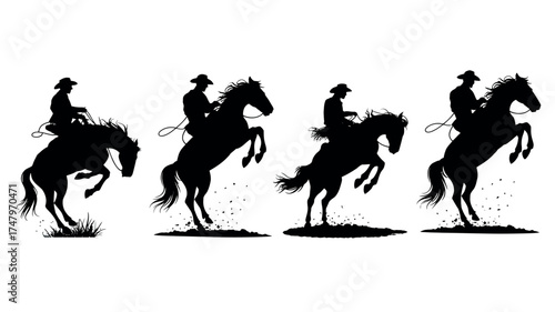 Series of silhouettes depicting cowboys on horseback performing rodeo tricks like bucking and rearing