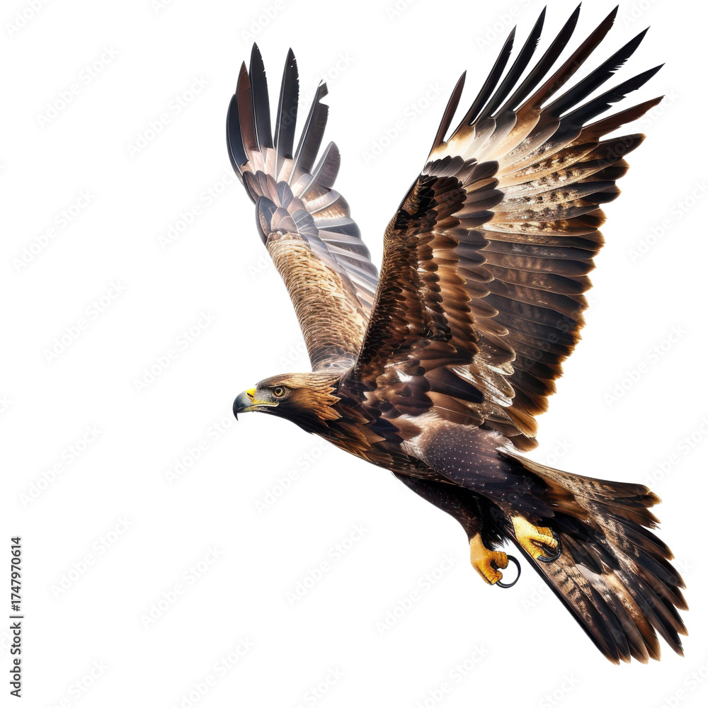Fototapeta premium Golden eagle in flight with wings spread isolated on Transparent Background