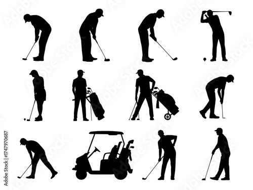 A comprehensive set of black silhouettes depicting various golf player poses, including swinging, putting, and with equipment like a golf bag and cart
