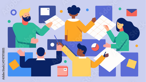 A handson workshop scene where diverse designers collaborate surrounded by printed materials wireframes and brainstorming sticky notes.