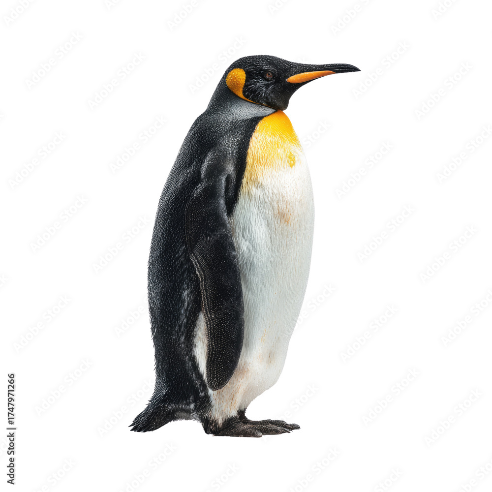 Fototapeta premium A magnificent King Penguin stands tall, showcasing its striking black and white plumage with vibrant orange neck and chest markings. A beautiful Antarctic bird. background removed