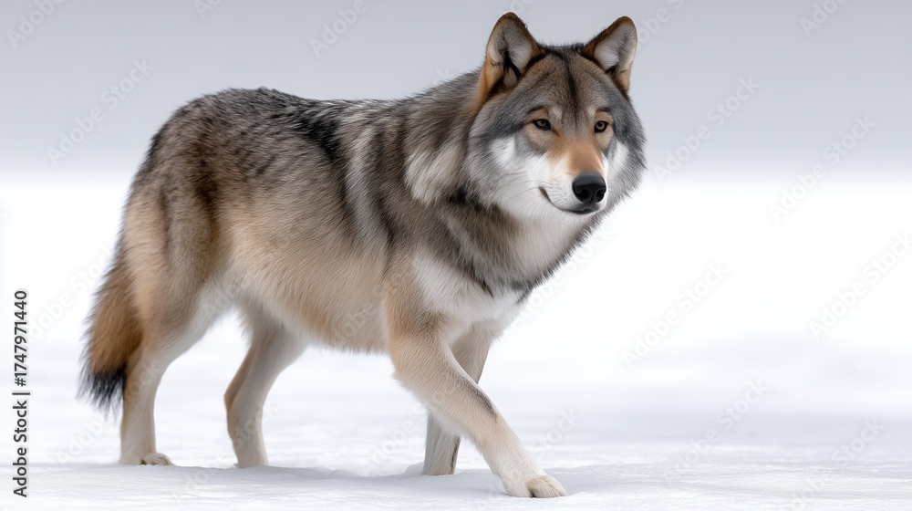 Naklejka premium A wolf standing in the snow looking at the camera