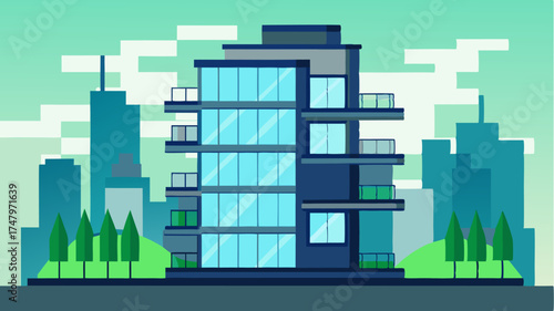 A sleek apartment building featuring multiple balconies large glass frontages and green rooftop terraces set against a city skyline.