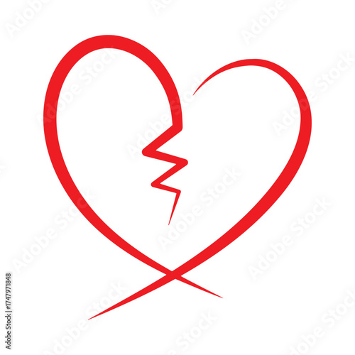 Hand Drawn Red Broken Heart Outline Sketch Symbolizing Emotional Pain and Relationship Breakup Grief