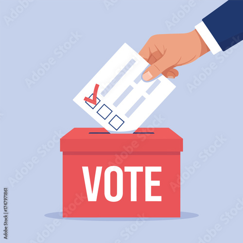 Hand placing ballot into red box marked "VOTE," with checked paper symbolizing civic action, democratic choice, and election participation