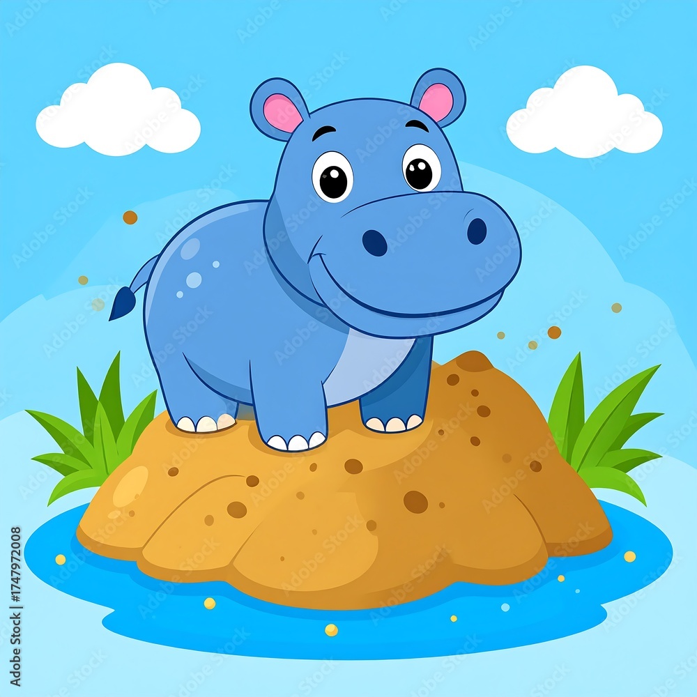 Fototapeta premium Cute hippo on a sand dune by water