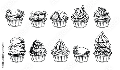 A hand-drawn sketch of ice cream balls, frozen yoghurt or cupcakes in cups. Set. Vintage illustration. Element for the design of labels, packaging and postcards.