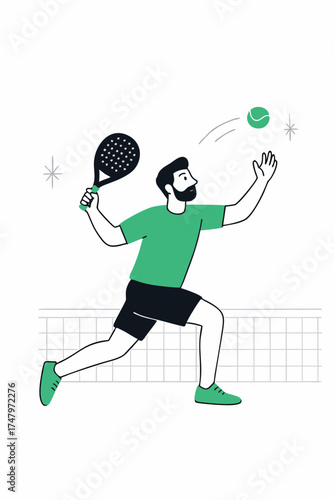 Vector illustration of a man hitting forehand padel shot, wearing green shirt and black shorts.
