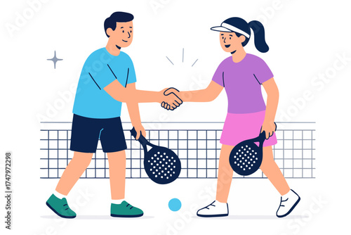 Vector flat illustration of a man and woman shaking hands after a friendly padel match on court.
