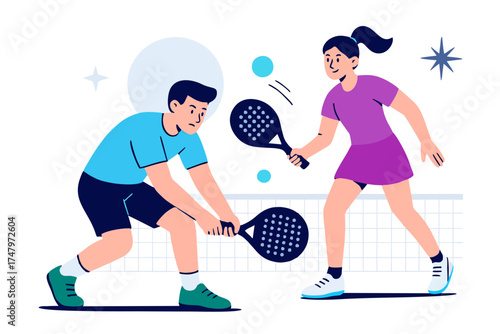 Man and woman playing padel tennis together on court, teamwork and energy concept, flat vector illustration.