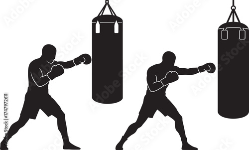 Two male boxers in silhouette training with punching bags isolated on white background