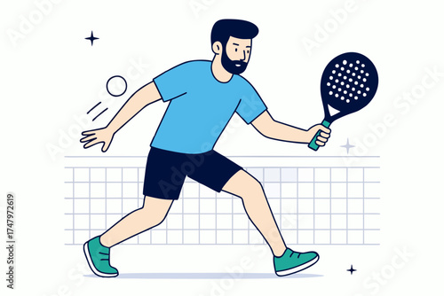 Man hitting backhand shot in padel tennis match, focus and motion, flat vector illustration.
