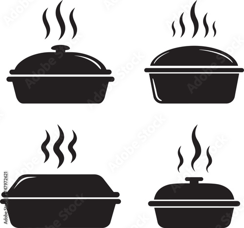 Collection of four steaming casserole dishes in silhouette isolated on white background