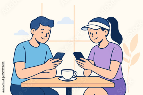 Man and woman sitting and chatting after padel match, friendly and casual lifestyle, flat vector illustration.