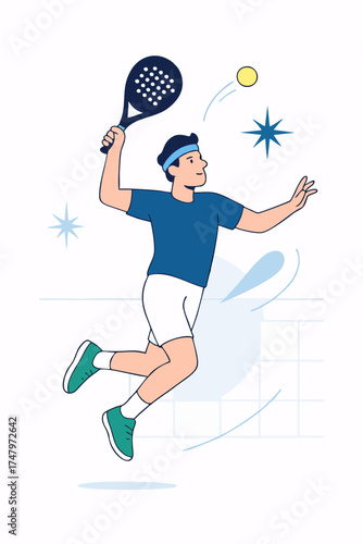 Man jumping to hit padel ball, full energy and dynamic action, flat vector illustration.