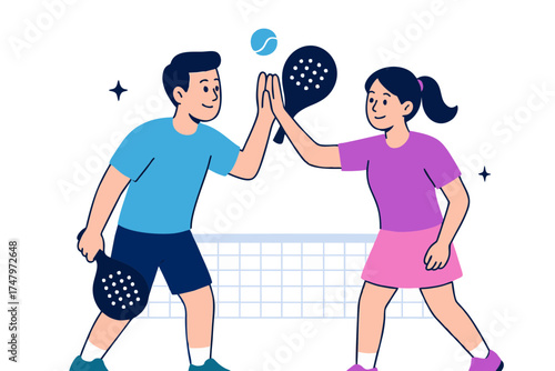 Happy couple giving high five after padel match, success and friendship concept, flat vector illustration.
