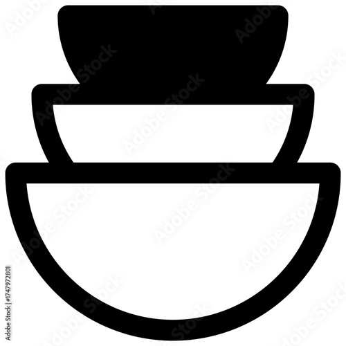 Mixing bowls. Outlined stroke vector icon with black-filled details.