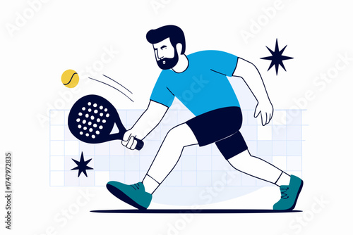 Man performing forehand shot during padel match, fast movement and energy, flat vector illustration.
