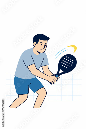Padel player hitting the ball with forehand swing, motion and energy concept, flat vector illustration.
