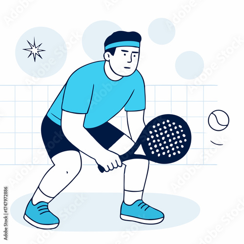 Man in defensive padel stance ready to receive ball, concentration and action, flat vector illustration.
