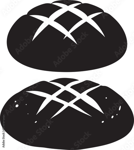 Two dark bread loaves with crisscross scoring isolated on white background silhouette