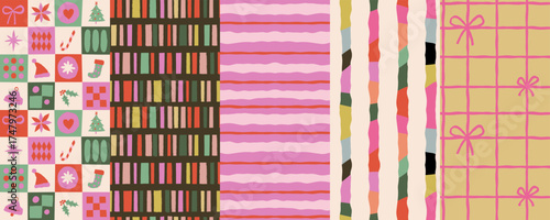 Vector set of seamless patterns – abstract hand-drawn quirky doodles, striped, plaid, and checkered designs – festive, party, and Christmas decorative wrapping paper and textile backgrounds