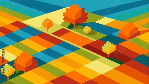An aerial view of a vineyard in autumn with patchwork patterns of grapevines turning shades of orange red and yellow contrasting against a clear blue sky.
