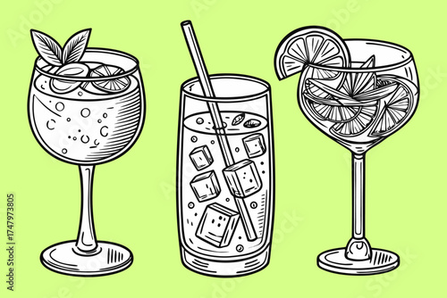 Vintage Hand-Drawn Cocktail and Drink Glasses Set. Engraved Bar Menu Illustrations. cocktail drink handdrawn illustration.