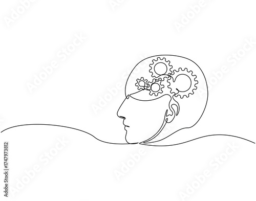 Continuous one line drawing of human head with gears machine inside. One line drawing illustration of human head and gear machine mix. Mind on progress concept single line. Editable outline