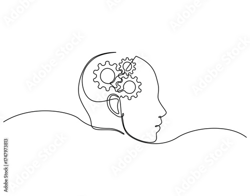 Continuous one line drawing of human head with gears machine inside. One line drawing illustration of human head and gear machine mix. Mind on progress concept single line. Editable outline