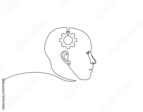 Continuous one line drawing of human head with gears machine inside. One line drawing illustration of human head and gear machine mix. Mind on progress concept single line. Editable outline