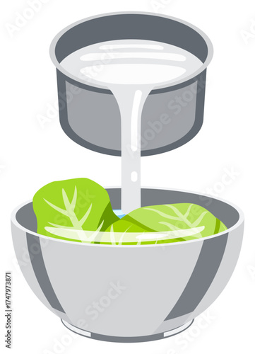 Icon vector of liquid being poured into a vegetable bowl, representing cleaning or soaking process.