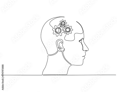 Continuous one line drawing of human head with gears machine inside. One line drawing illustration of human head and gear machine mix. Mind on progress concept single line. Editable outline