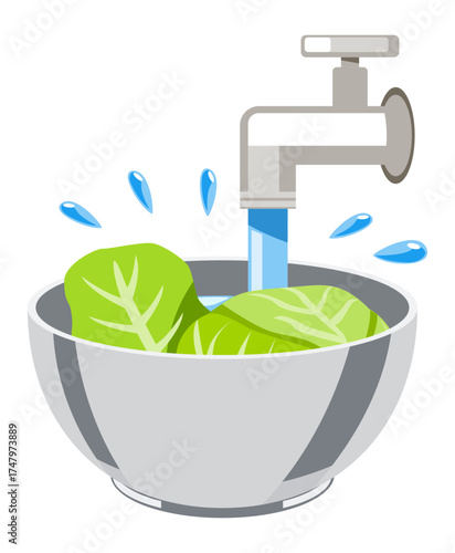 Vector icon showing vegetables rinsed in a bowl of fresh water, symbolizing food safety and hygiene.