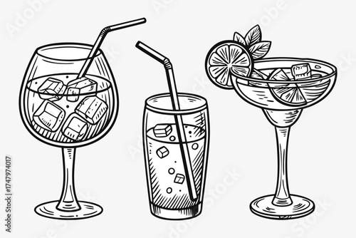 Vintage Hand-Drawn Cocktail and Drink Glasses Set. Engraved Bar Menu Illustrations. cocktail drink handdrawn illustration.