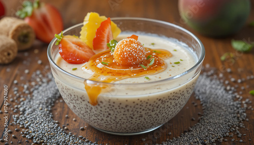 Sweet and healthy breakfast dessert of fresh red strawberries and creamy yogurt in a bowl