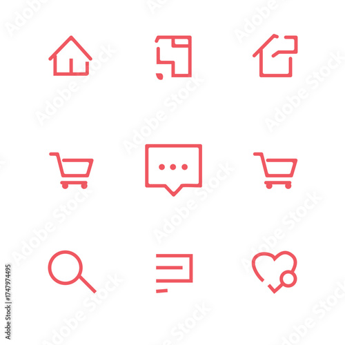 Set of nine minimalist line art icons representing common website and app functions with a gradient color scheme