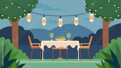 A peaceful outdoor dining setup on a terrace adorned with fairy lights and lush greenery ready for a romantic meal.