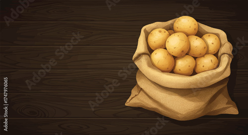 Bag of Potatoes Fresh Farm Produce on Wooden Background
