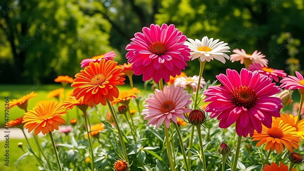 Fototapeta premium Vibrant flowers blooming in a serene English park under gentle morning sunlight.