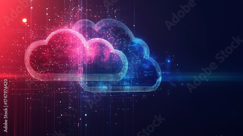 Abstract Cloud Shape with Glowing Particles on a Dark Red and Blue Background