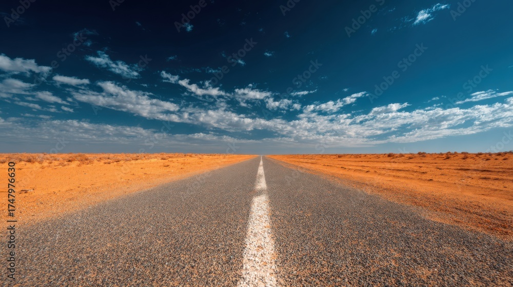 Fototapeta premium Desert Road Leading to Horizon Under a Dramatic Sky.