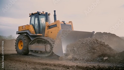 A yellow bulldozer is moving a pile of soil on a construction site. The bulldozer is large and powerful, with a large bucket in front of it.