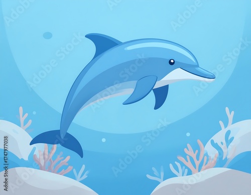 Cute cartoon dolphin in ocean scene