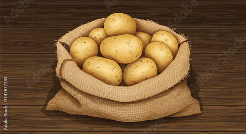 Harvest Bounty Sack of Fresh Potatoes on Rustic Wooden Table – Root Vegetables in Natural Light