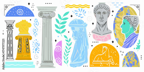 Abstract collage of ancient greek and roman architectural elements and sculptures with decorative patterns