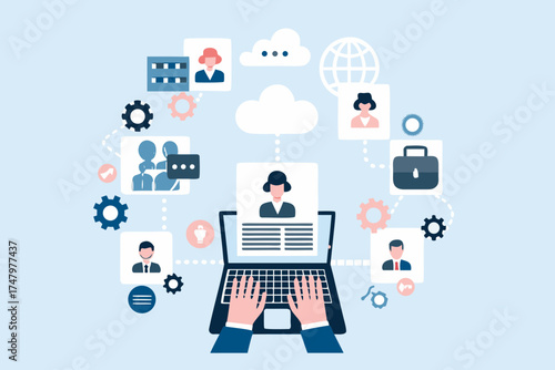 Illustration of a laptop with hands typing connecting to a network of people and business icons representing online collaboration and human resources