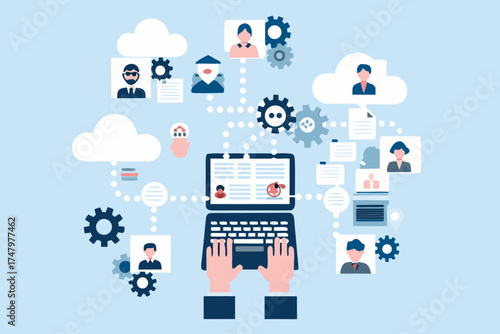 Digital network connecting people and data through a laptop and cloud technology with gears