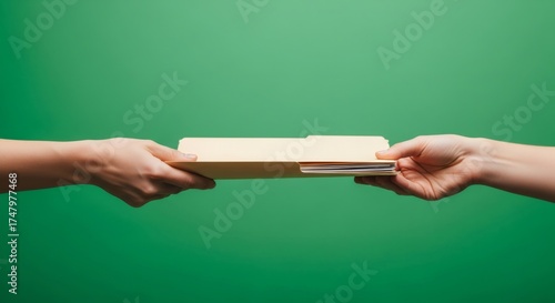 Hands of a woman passing a document folder on chromakey. Delivery of important paper file or contract for business communication.